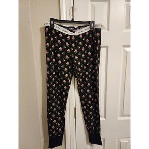 Victorias Secret Black Floral Thermal Pajama Jogger Pants Logo Waistband Large
